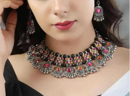 Oxidised silver multicolor jewellery set