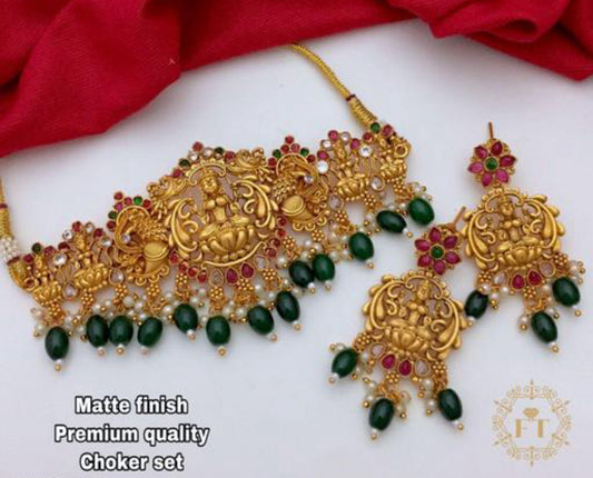 Traditional Geometric & Floral inspired Choker Necklace Set With Red and Green Kundan Stone