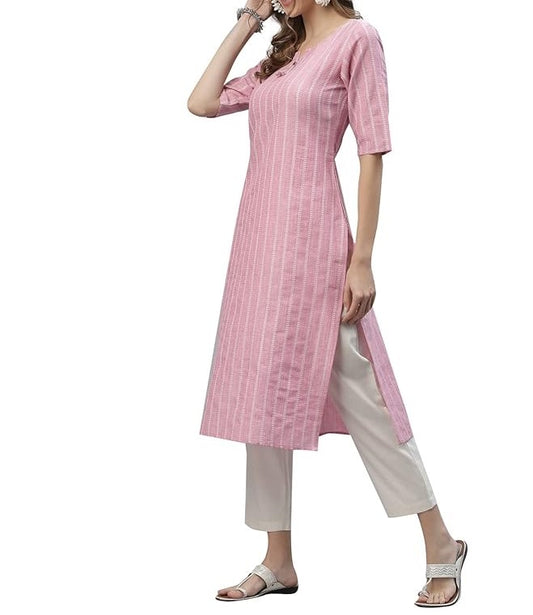 Stylum Women's Self Woven Striped Cotton Blend Straight Kurta