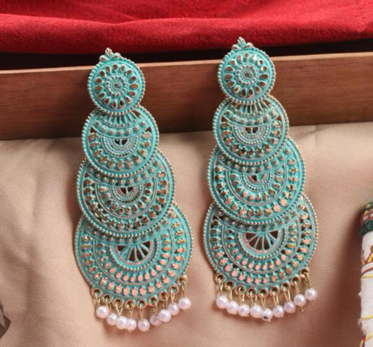 Traditional Ethnic Fancy Big Layered AQUA Color Oxidised Chandlier Earrings