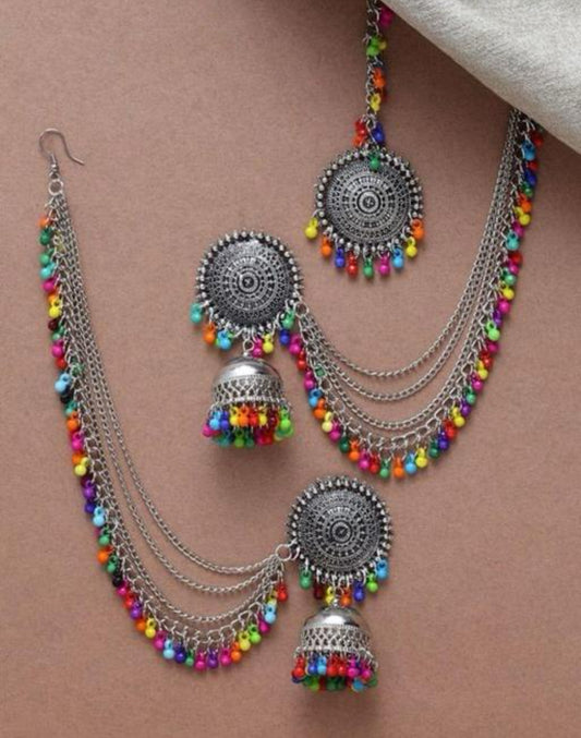 Colorful Bahubali Tika and Earrings