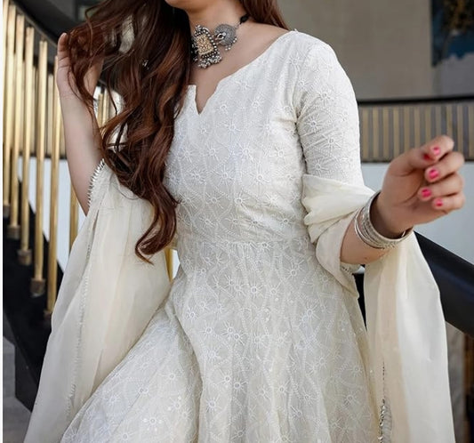 Cotton Anarkali Chikankari Suit with Dupatta